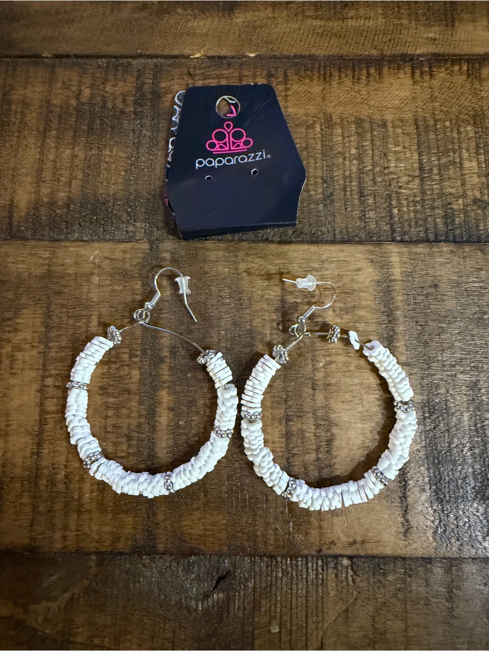 Paparazzi White Shell Beaded Hoop Earrings with Silver Accents